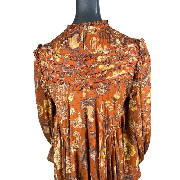Spell & Gypsy Collective Rust Brown Blouse Top Floral Ruffle Longsleeve Medium - Picture 6 of 7
